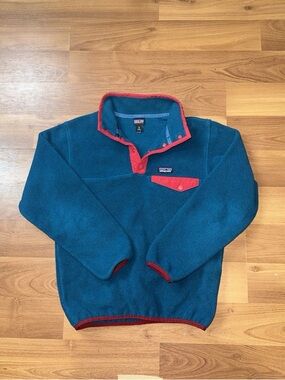 Patagonia Kids Teal Fleece Snap-Up Pullover with Red Trim